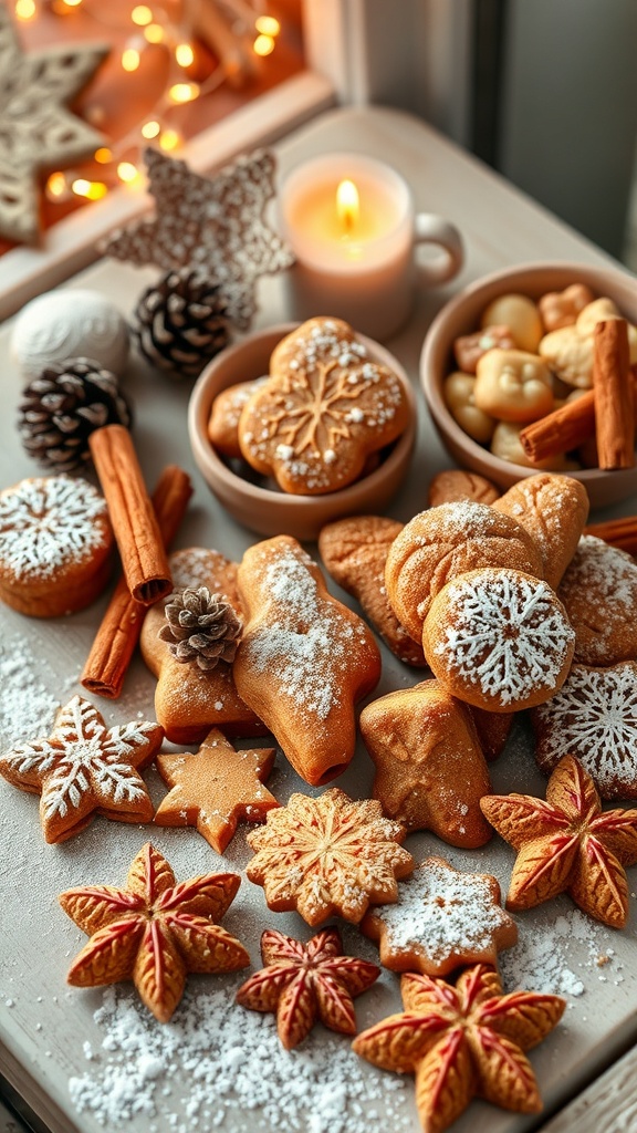A cozy display of cinnamon-spiced cookies in festive shapes, surrounded by cinnamon sticks and pinecones, creating a warm winter atmosphere.