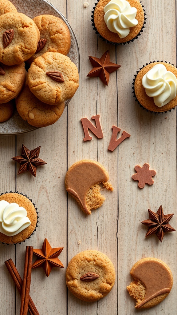 A variety of cinnamon spice desserts including cookies and cupcakes, decorated with star anise and cinnamon sticks.