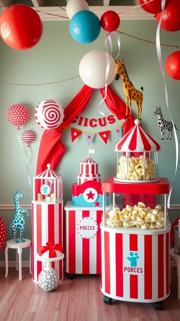 A colorful circus-themed baby shower setup with red and white striped decorations, balloons, and animal figures.