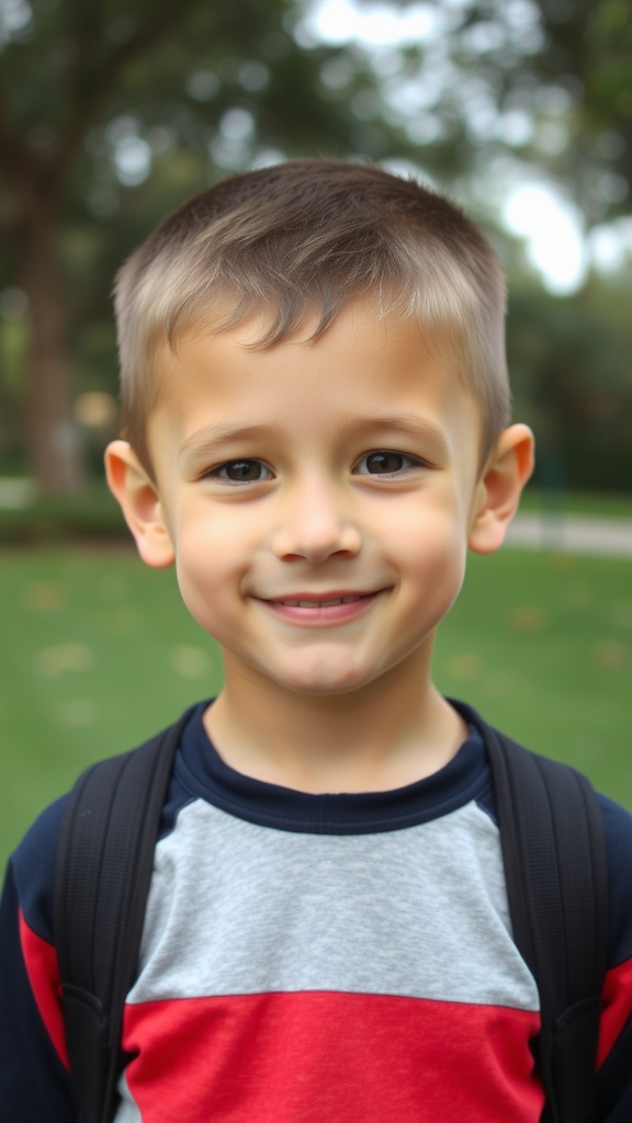 A young boy with a classic crew cut, smiling and wearing a backpack in a park setting.