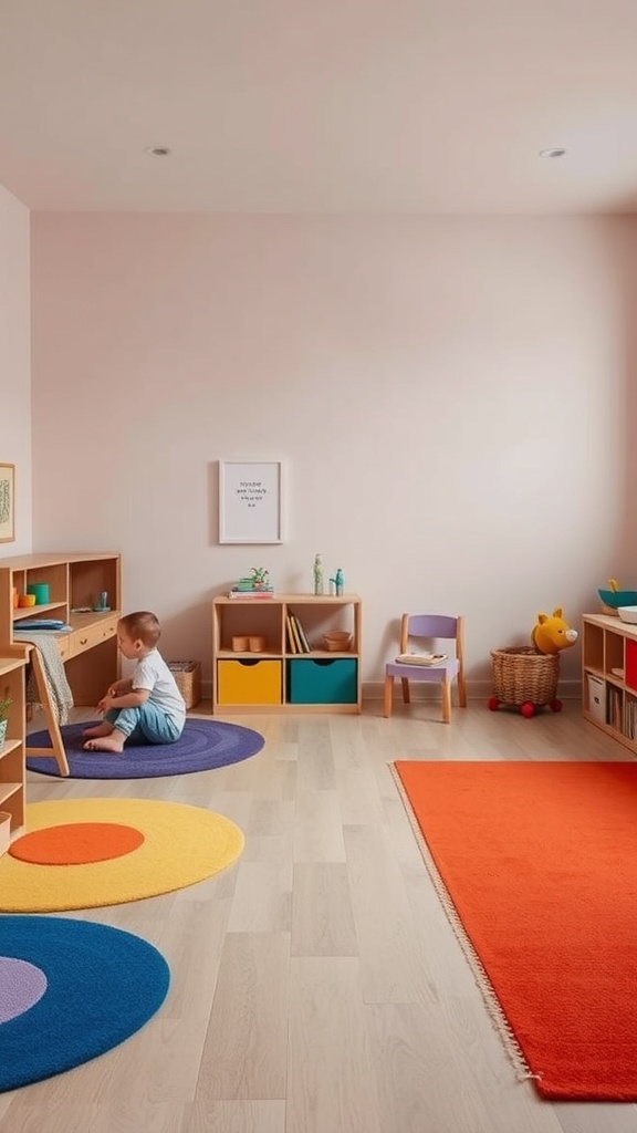 A shared room for babies and toddlers with color-coded zones, featuring circular rugs and colorful storage units.
