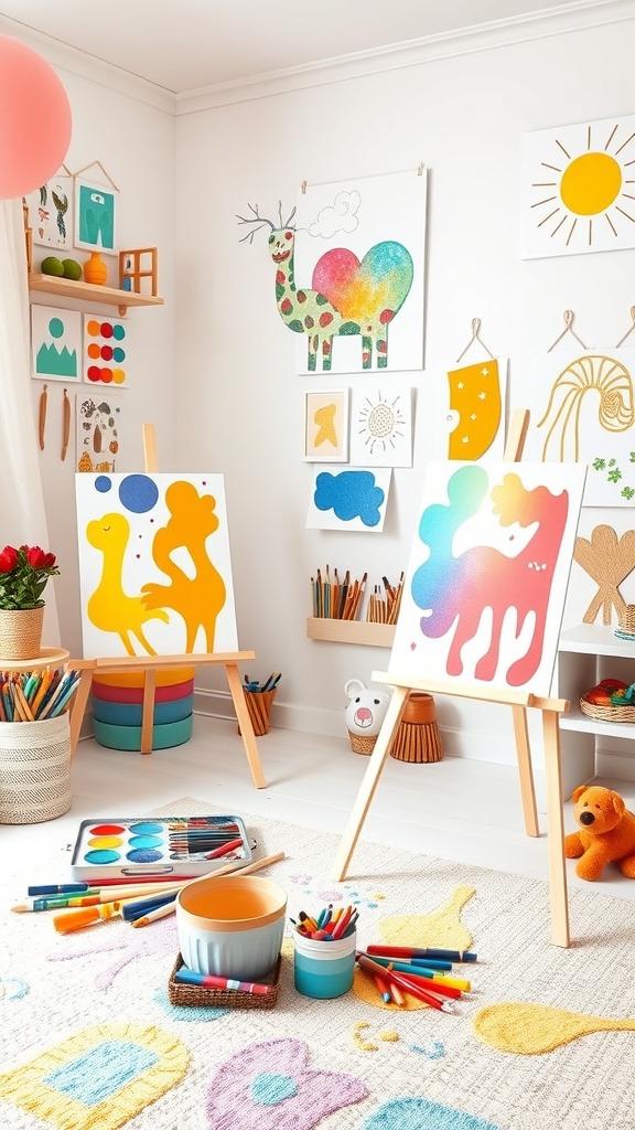 A colorful art studio for toddlers featuring easels, vibrant artwork, and art supplies.