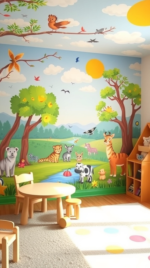 A colorful wall mural in a toddler playroom featuring animals and nature.
