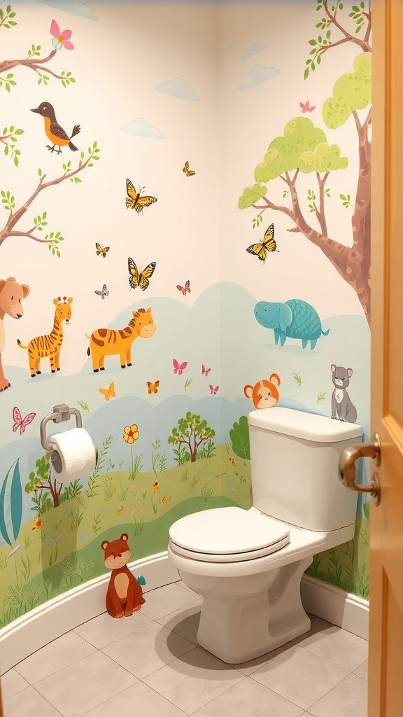 A toddler bathroom with colorful animal wall murals featuring a bear, tiger, turtle, and butterflies.