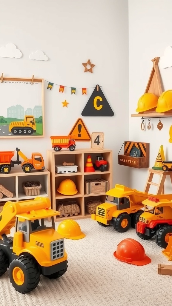 A toddler's bedroom designed as a construction zone, featuring toy trucks, construction signs, and bright yellow hard hats.