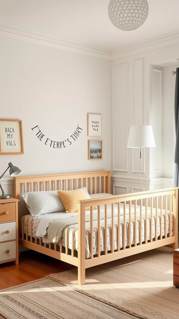 A cozy shared room featuring a convertible wooden bed, soft bedding, and a compact nightstand.