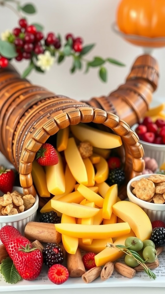 A cornucopia filled with fruits, cheese, and snacks for a fall baby shower.