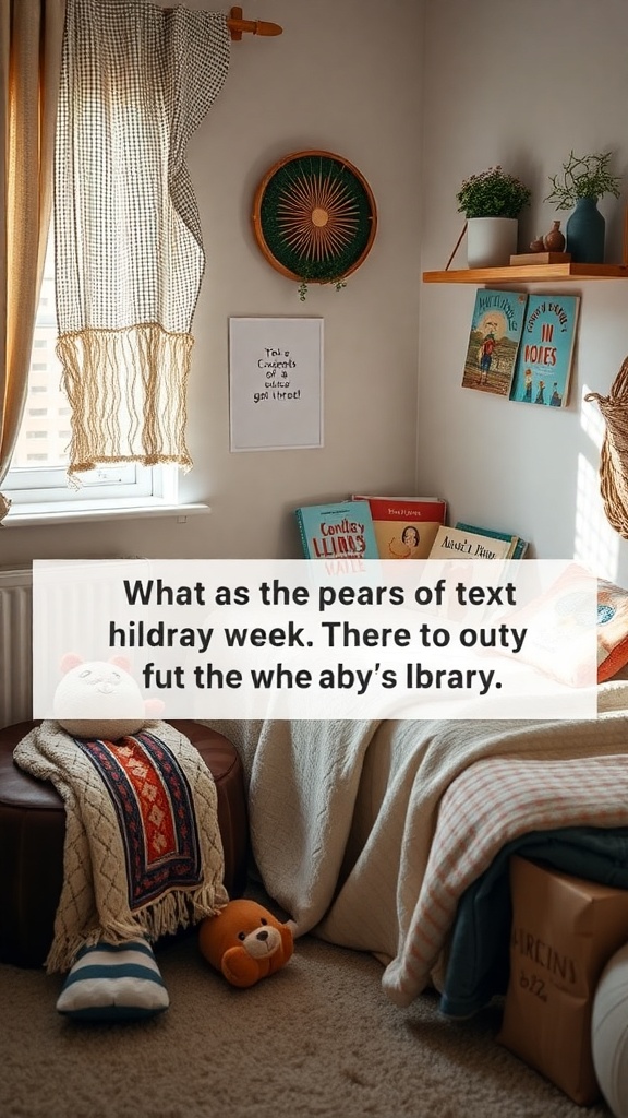 Cozy blanket and book station with children's books and stuffed animals.