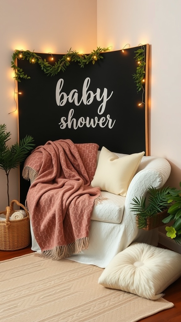Cozy blanket station for a baby shower with a chair, blanket, and decorative elements.