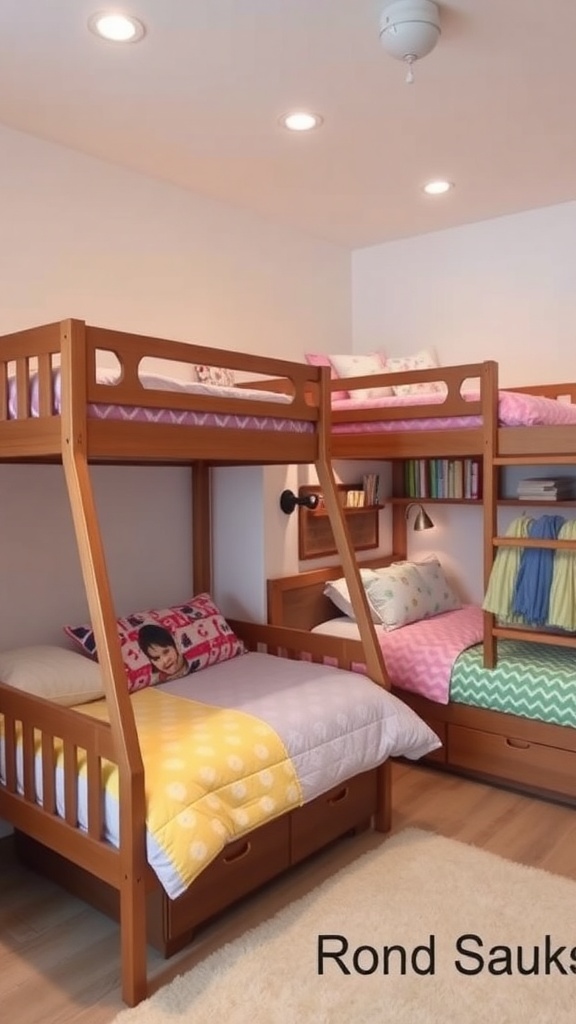 Cozy bunk beds for siblings with colorful bedding and built-in storage.