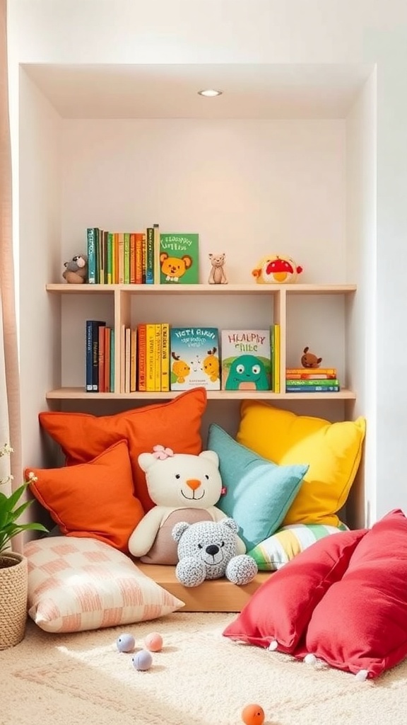 A cozy reading nook for toddlers with colorful pillows and shelves of books.