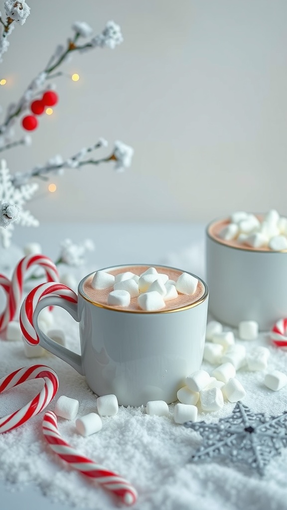 A cozy hot chocolate bar with mugs of hot chocolate, marshmallows, candy canes, and winter decorations.