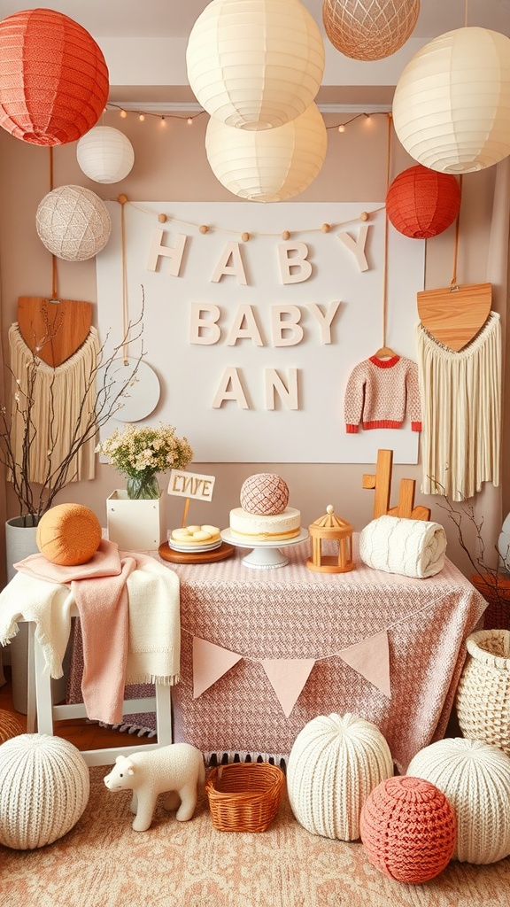 Decorations for a cozy fall baby shower featuring knitted elements, warm colors, and a welcoming atmosphere.