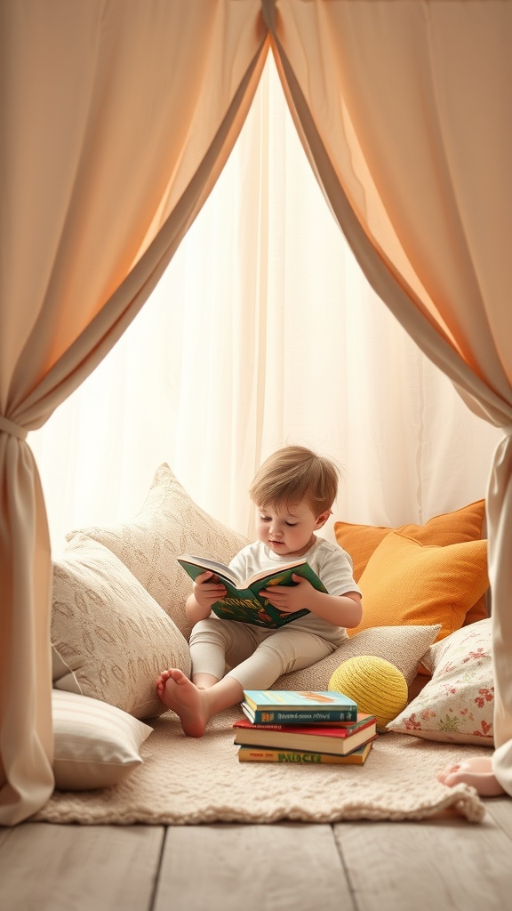 A toddler reading a book in a cozy tent hideaway filled with pillows and soft lighting.