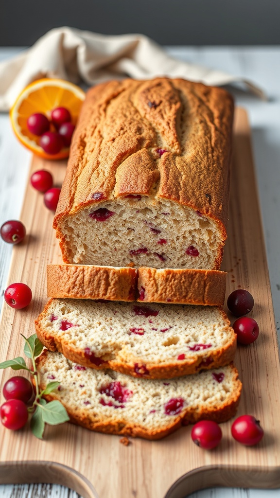 A loaf of cranberry orange bread sliced on a wooden board, with fresh cranberries and an orange slice beside it.