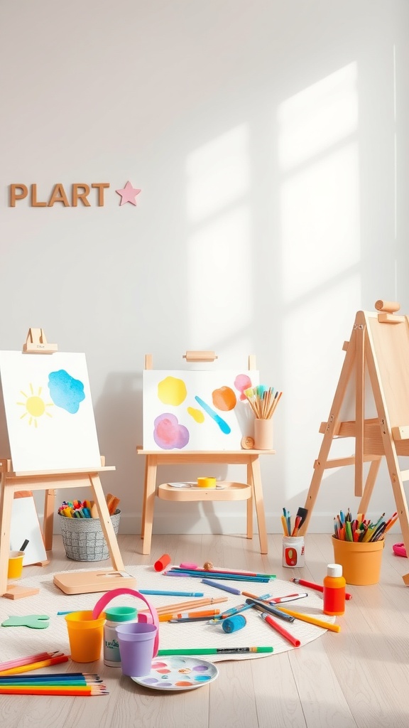 A bright toddler art station with easels, colorful art supplies, and scattered art materials on the floor.