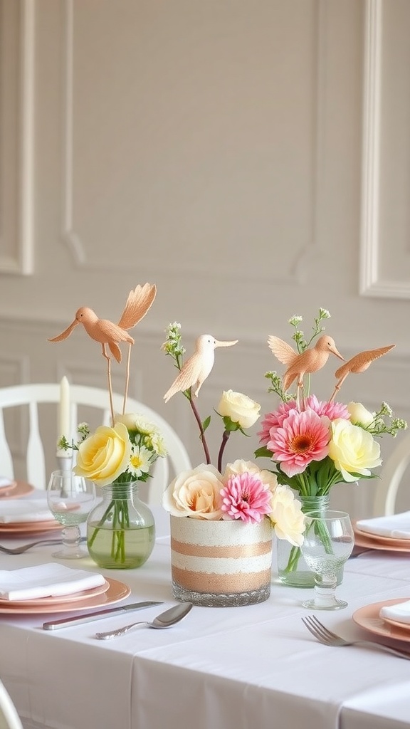 A beautifully arranged baby shower centerpiece featuring flowers and decorative birds.