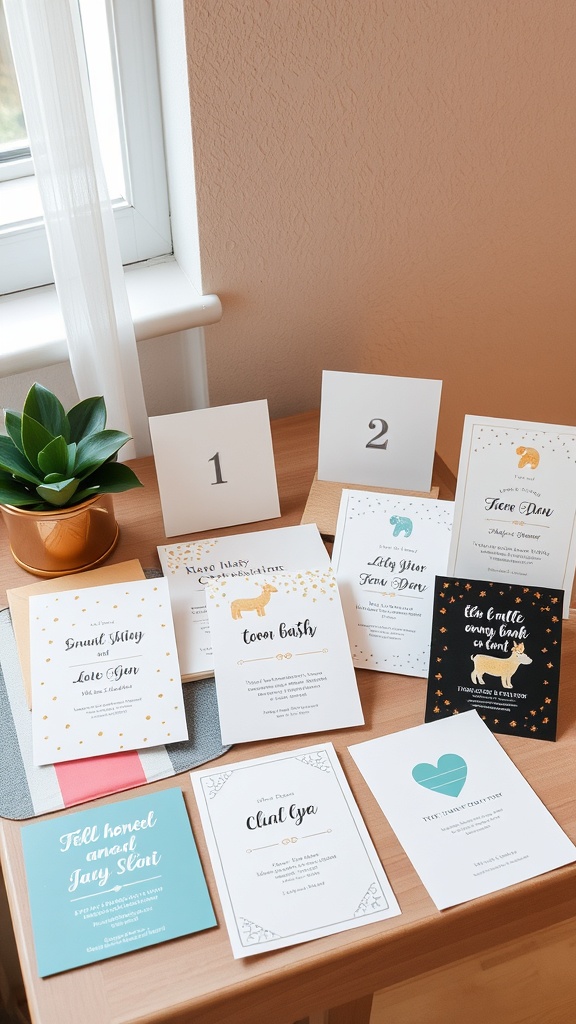 A selection of creative baby shower invitations displayed on a wooden table.