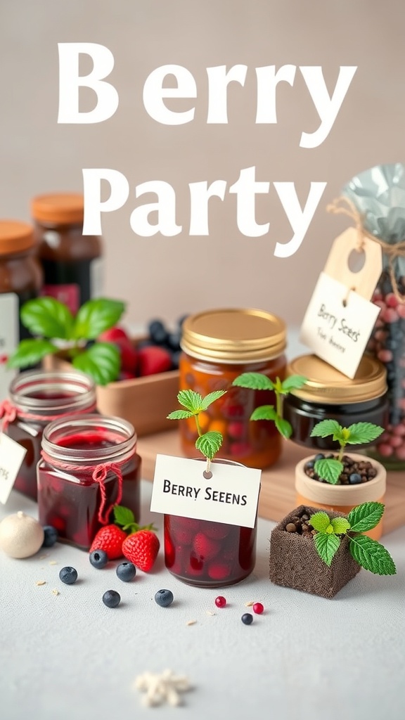 Display of berry-themed party favors including jars of jam and berry seeds