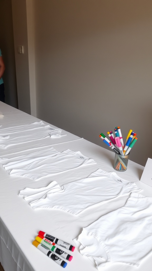 A table with plain white onesies and colorful markers for decorating at a baby shower.