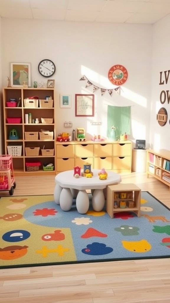 A colorful toddler playroom featuring a round table, playful rug, and organized storage.