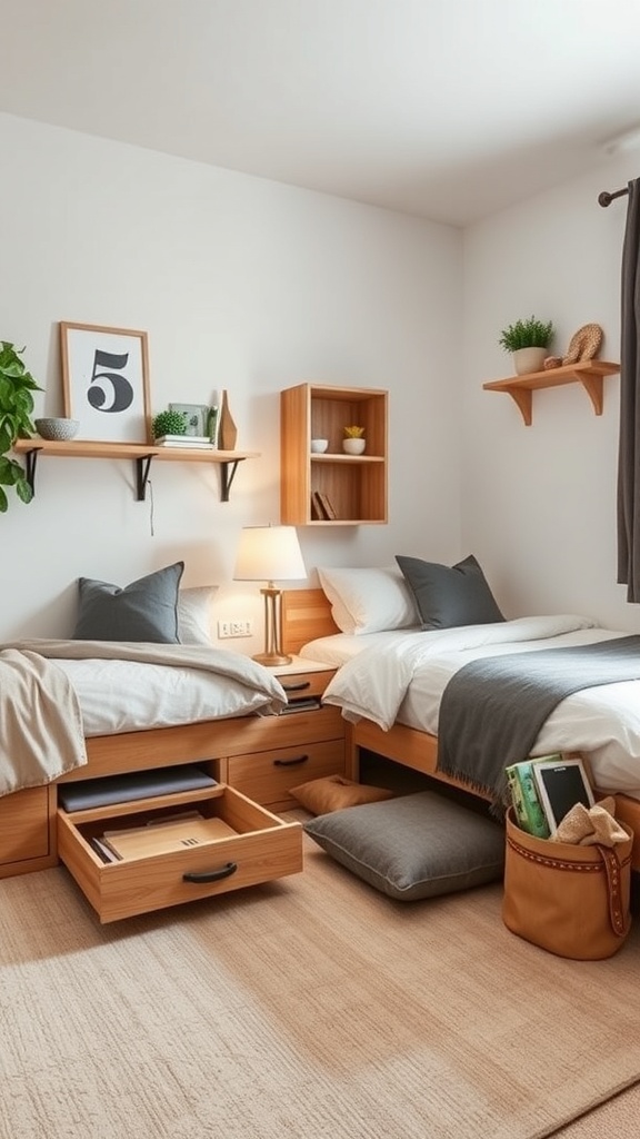 A shared room for babies and toddlers featuring two beds with storage drawers, wall shelves, and a cozy rug.