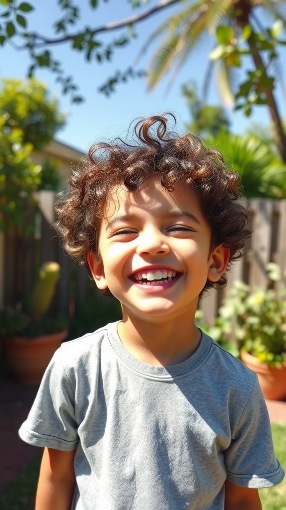 A smiling toddler boy with curly hair wearing a gray t-shirt, standing outdoors.