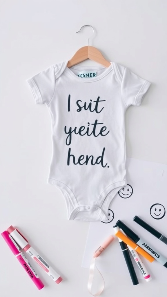 A white onesie with a phrase hanging on a wooden hanger, surrounded by colorful markers.