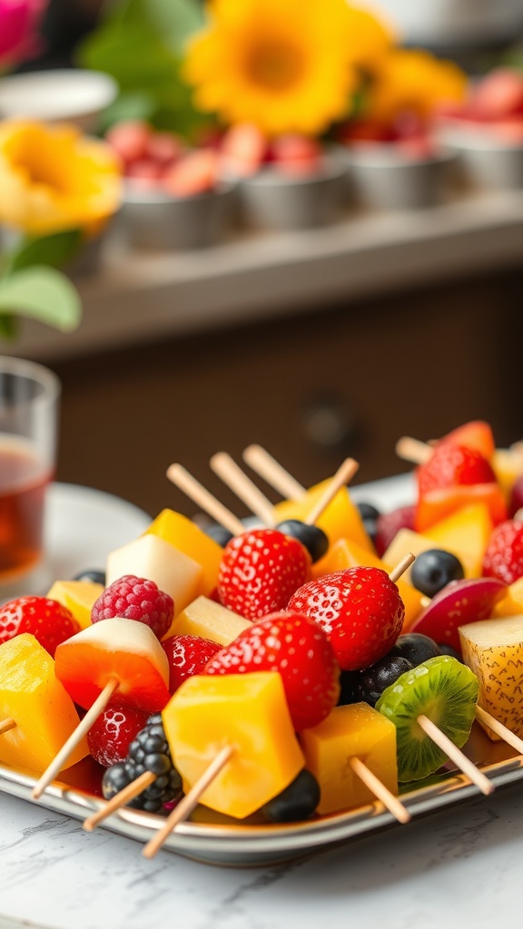 A platter of colorful fruit skewers with strawberries, mango, kiwi, and other fruits.