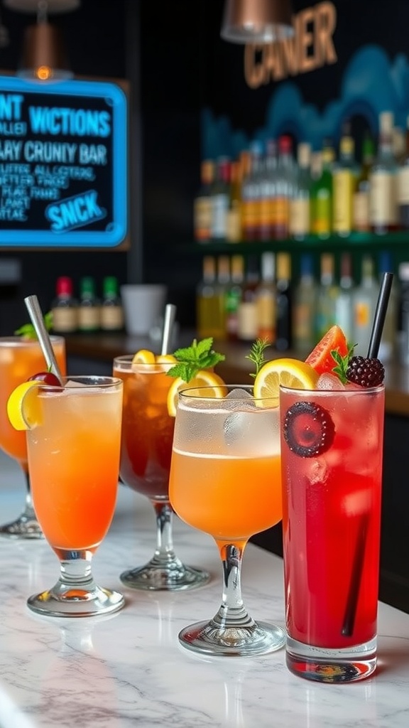 A colorful array of mocktails on a bar with fresh fruit garnishes.