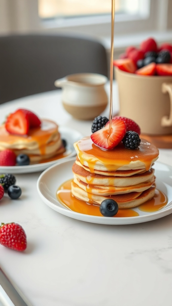 Mini pancake stacks topped with strawberries and blueberries, drizzled with syrup, served on a plate.