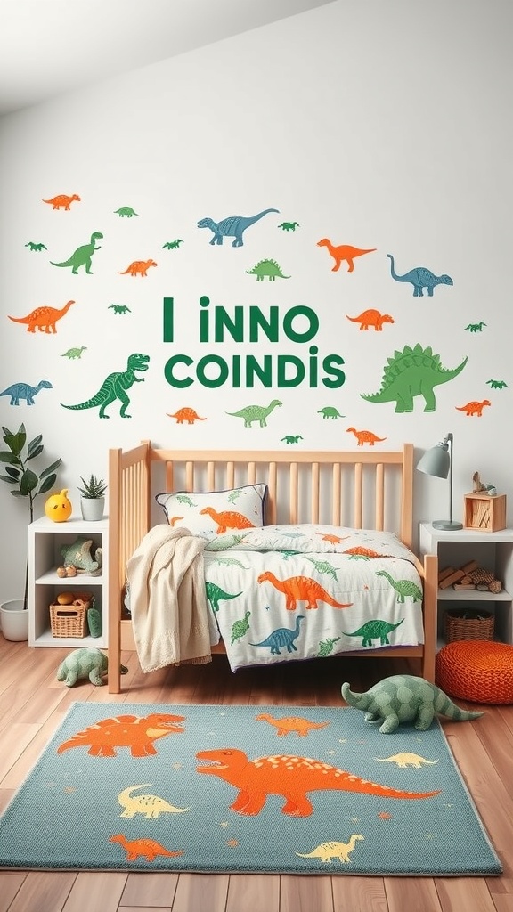 A toddler's bedroom decorated with dinosaur-themed elements, including wall decals, bedding, and a playful rug.