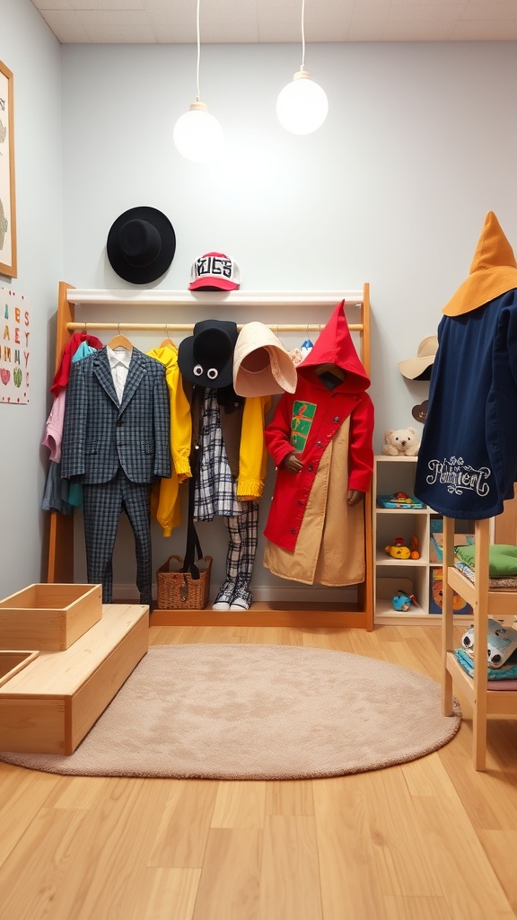 A colorful dress-up area for toddlers with costumes, hats, and a cozy rug.