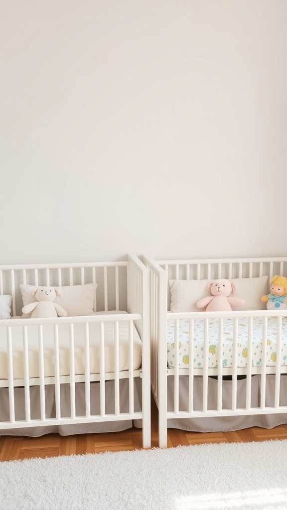 Two cribs with a divider in a shared room, featuring soft bedding and stuffed animals.