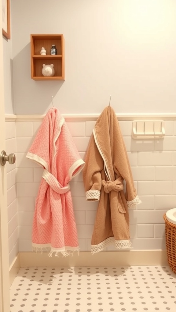 Two colorful toddler robes hanging on hooks in a bathroom