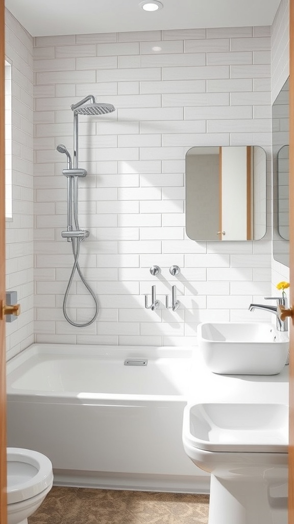 A modern bathroom with white tiles, a bathtub, and a sink, designed for easy cleaning.