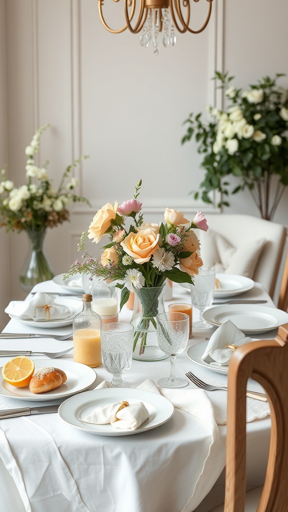A beautifully set table for a baby shower brunch featuring soft linens, floral arrangements, and elegant tableware.