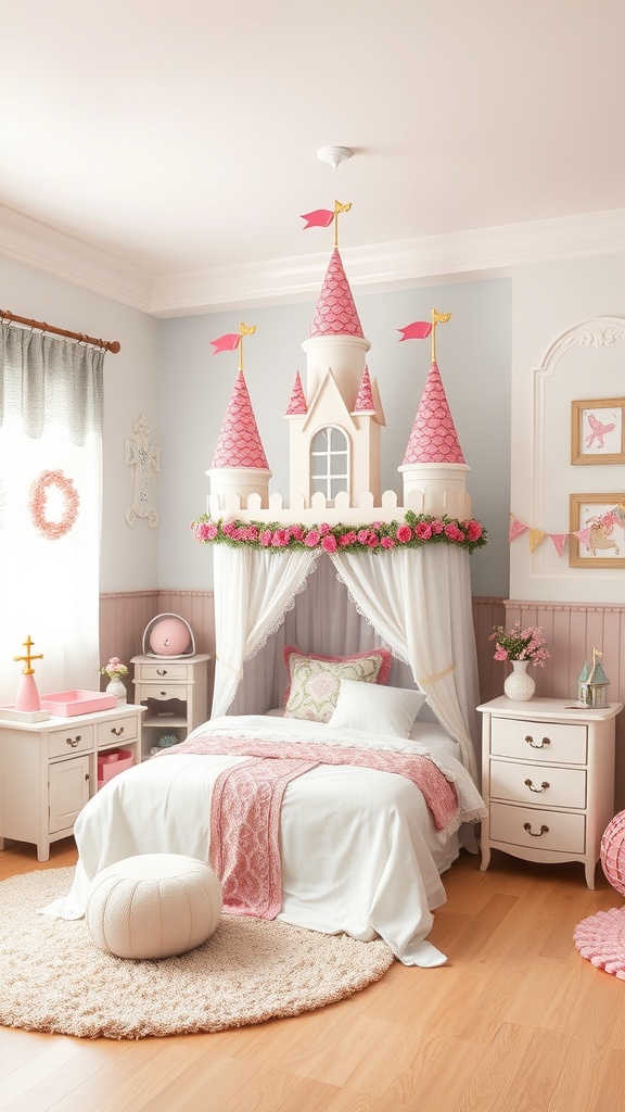 A toddler bedroom designed as a fairytale castle with pink towers, soft bedding, and cozy decor.