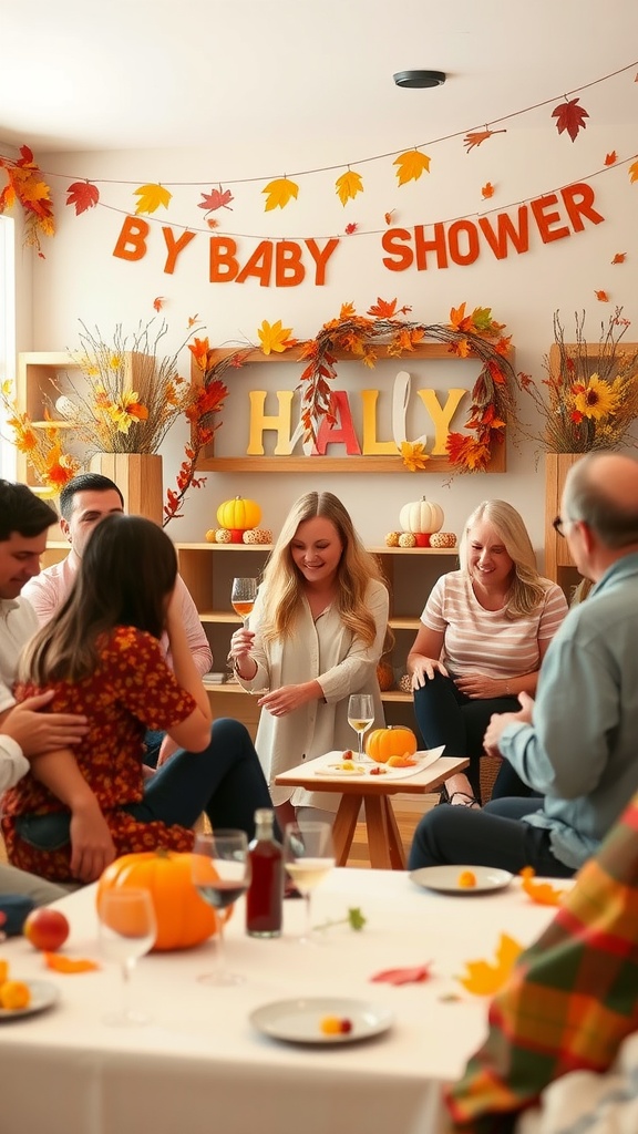A cozy fall-themed baby shower with guests enjoying games and decorations.