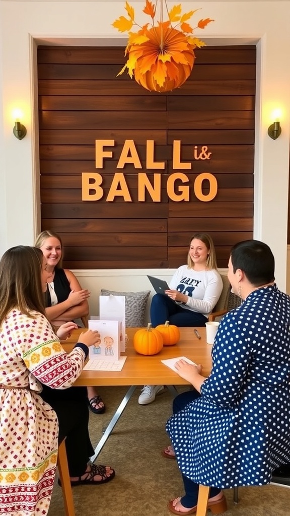 A group of friends playing bingo at a fall-themed baby shower with pumpkins and autumn decorations.