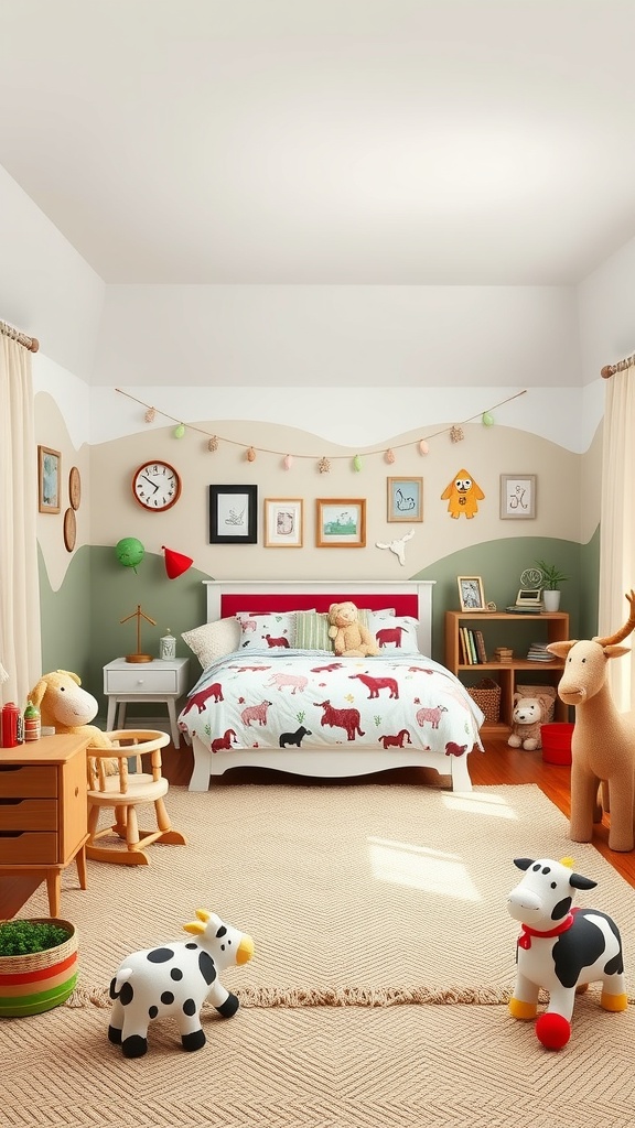 A toddler's bedroom decorated with farmyard themes, featuring animal motifs on bedding and playful decor.