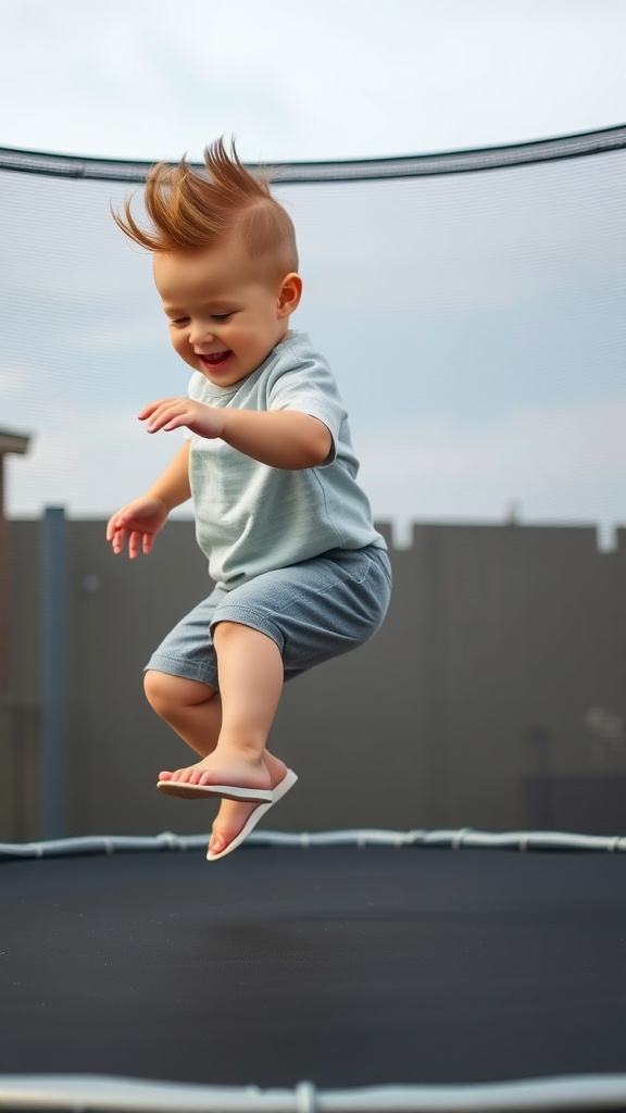 A toddler boy with a faux hawk hairstyle, jumping on a trampoline, wearing a light blue shirt and gray shorts.