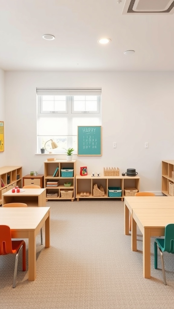 A Montessori classroom with wooden tables, colorful chairs, and organized shelves.