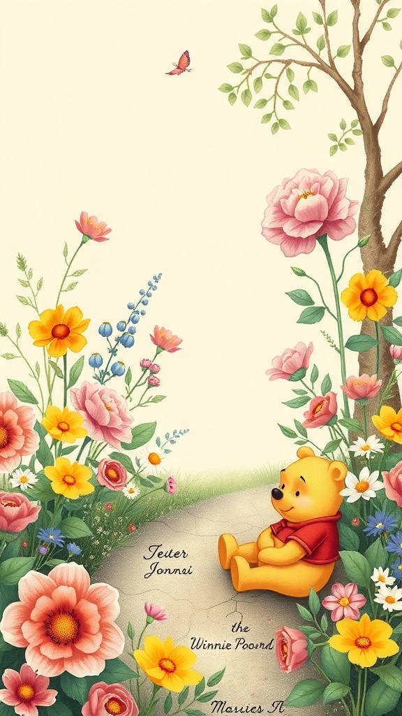 A whimsical illustration featuring Winnie the Pooh surrounded by colorful flowers and a gentle path.