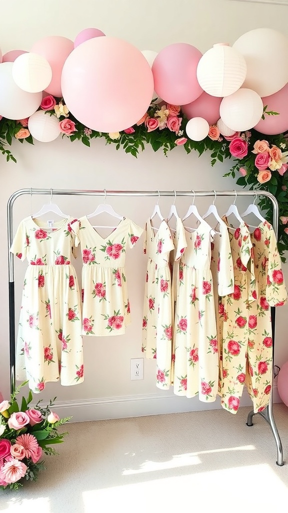 A display of floral dresses on a rack with pink and white balloons in the background.