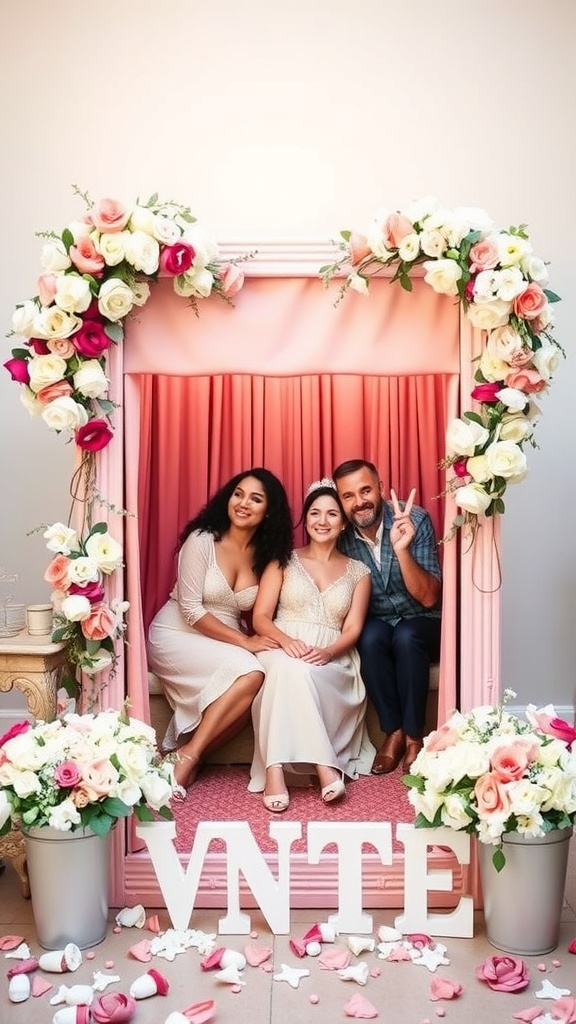 A floral photo booth with a pink curtain and flowers, featuring three people posing for a photo.