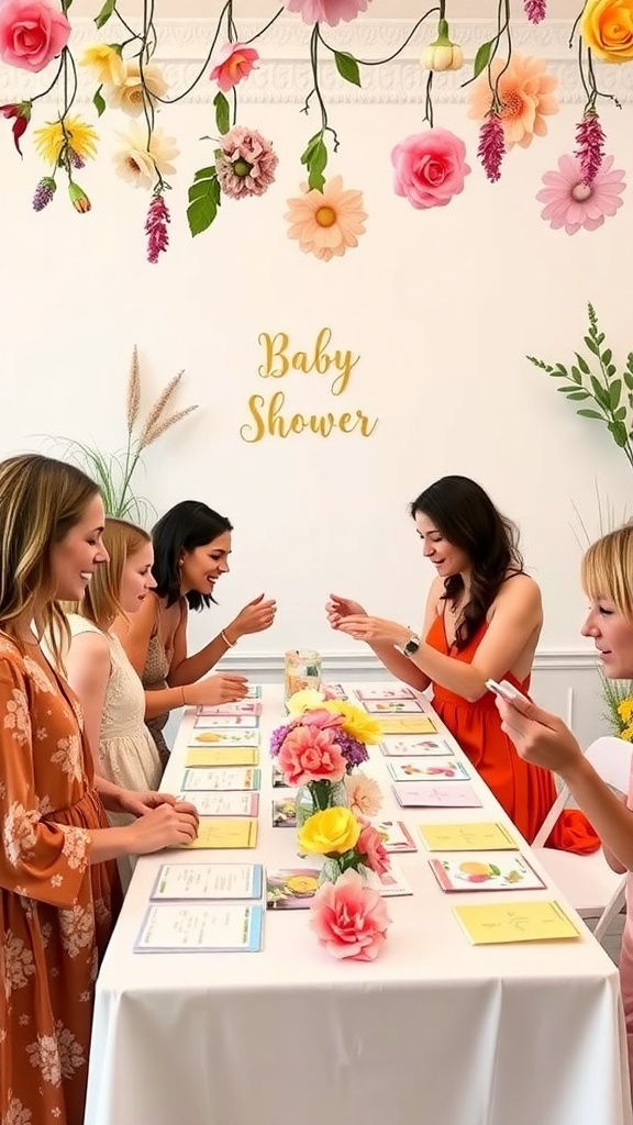 A group of women enjoying a flower-themed baby shower with games and decorations.