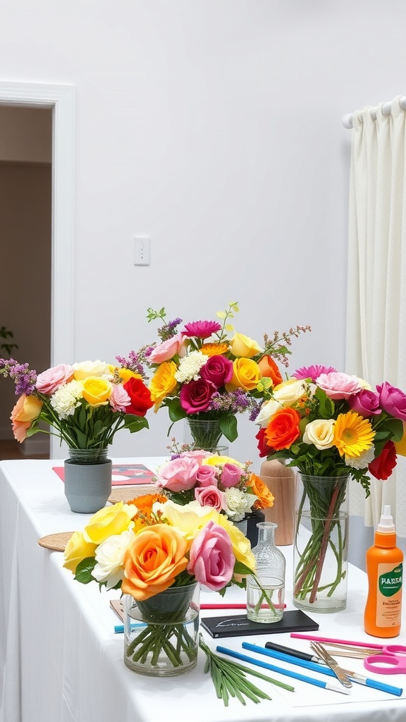 A table with colorful flower arrangements and crafting supplies for making flower crowns.