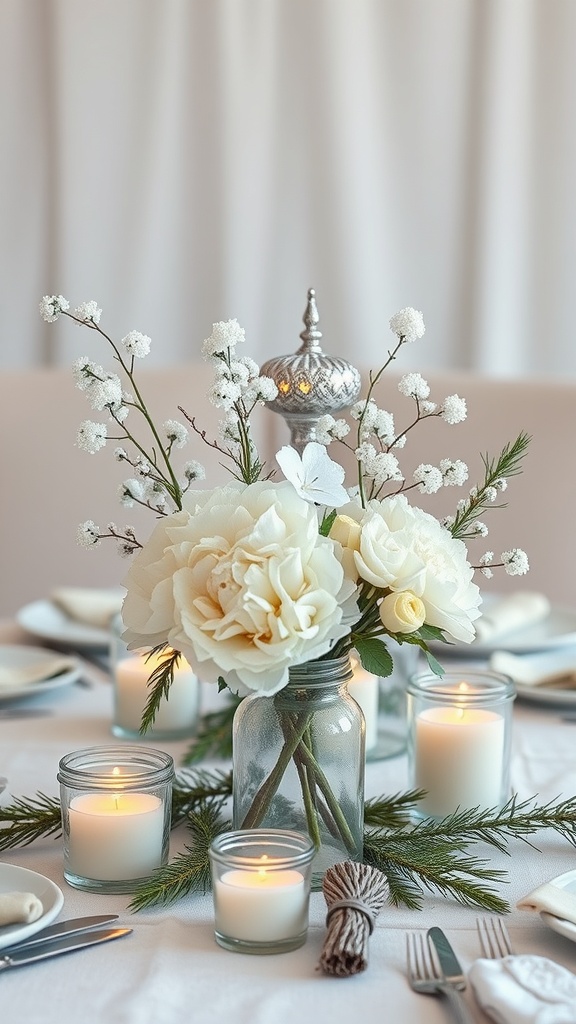A winter-themed centerpiece featuring white flowers, candles, and evergreen sprigs on a table.