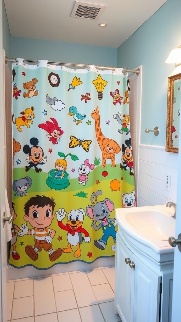 A colorful shower curtain featuring cartoon characters in a toddler's bathroom.